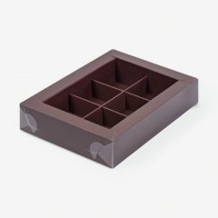 Коробка на 6 конфет с пластиковой крышкой Коричневая 15,5х11,5х3 см 051176