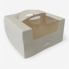 Коробка для бенто-торта с окном и ручкой белая 14х14х8 см КУ-445   КУ-00445