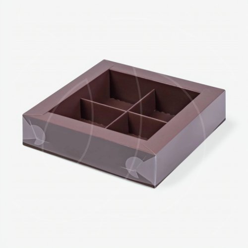 Коробка на 4 конфеты с пластиковой крышкой Коричневая 12х12х3 см 050906