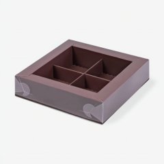 Коробка на 4 конфеты с пластиковой крышкой Коричневая 12х12х3 см 050906